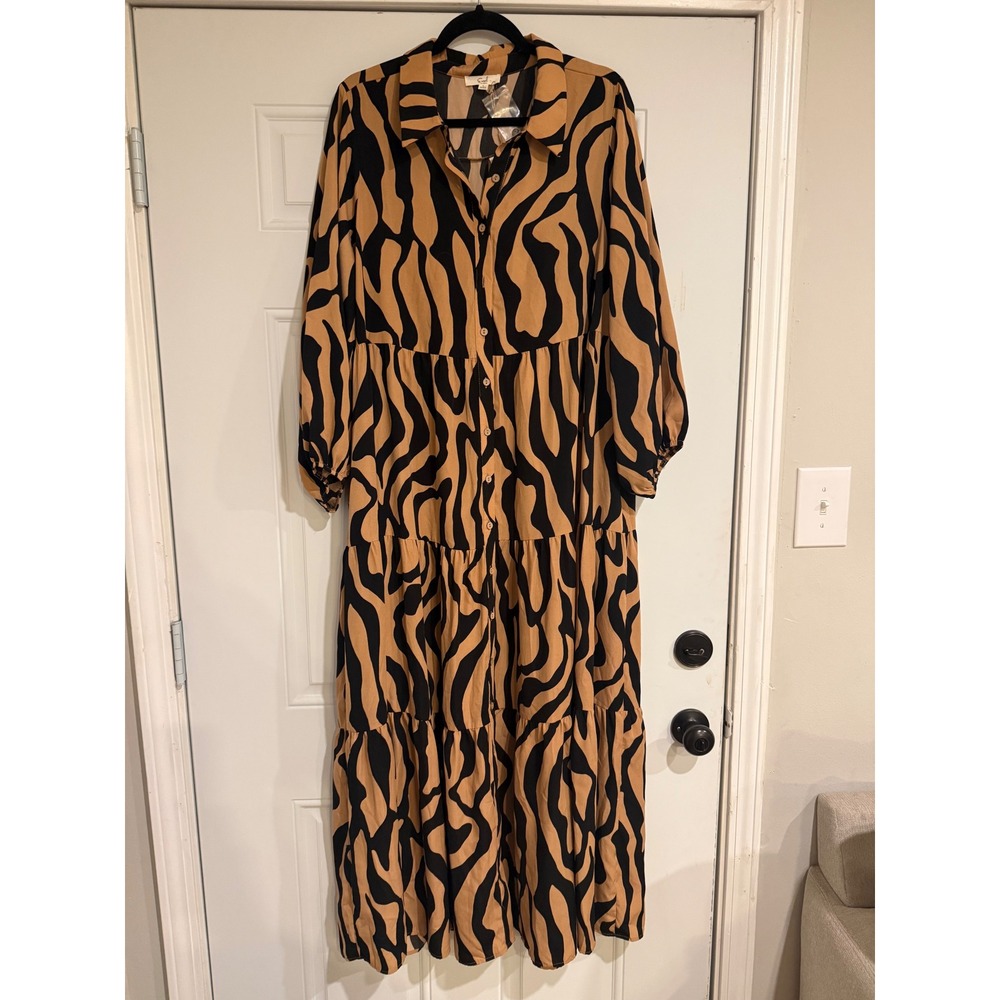 Abstract Zebra Animal Print Tiered Button Front Maxi Dress Boho Safari Large